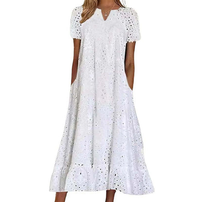 👗🌺 PROMO FLASH 50% ! Robe Femme Élégante à Manches Courtes et Col en V – Tissu Ajouré, Poches Latérales, Coupe A, 5 Couleurs, Lavable Machine, Polyvalente pour Tous Occasions ✨