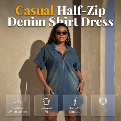 Robe chemise en denim décontractée à demi-zip pour femme