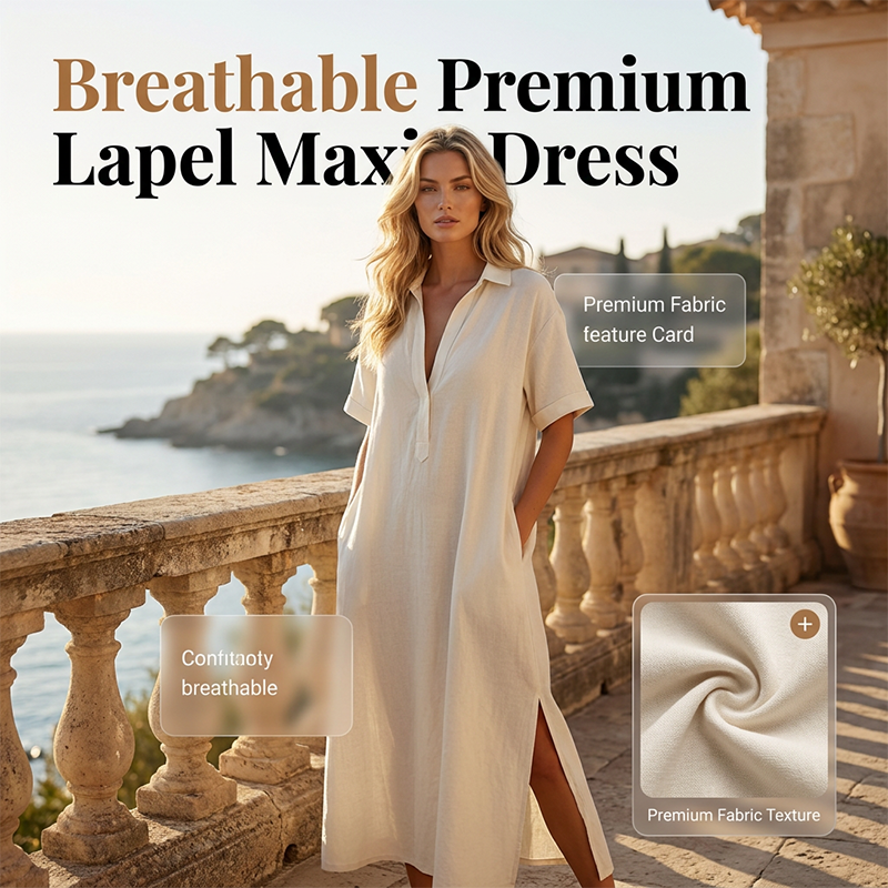 Robe élégante à col et manches courtes en coton et lin pour femme