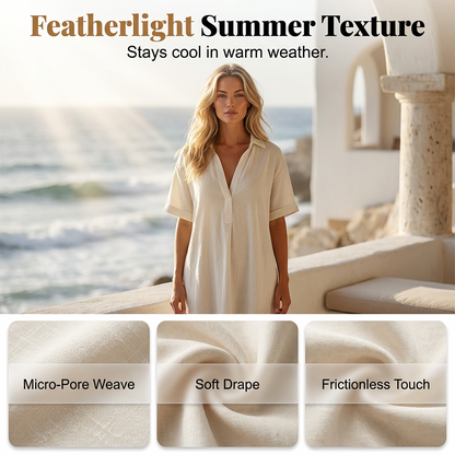 Robe élégante à col et manches courtes en coton et lin pour femme