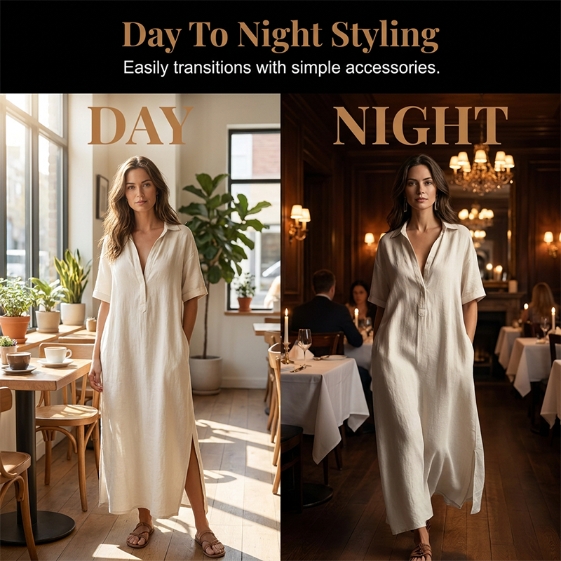 Robe élégante à col et manches courtes en coton et lin pour femme
