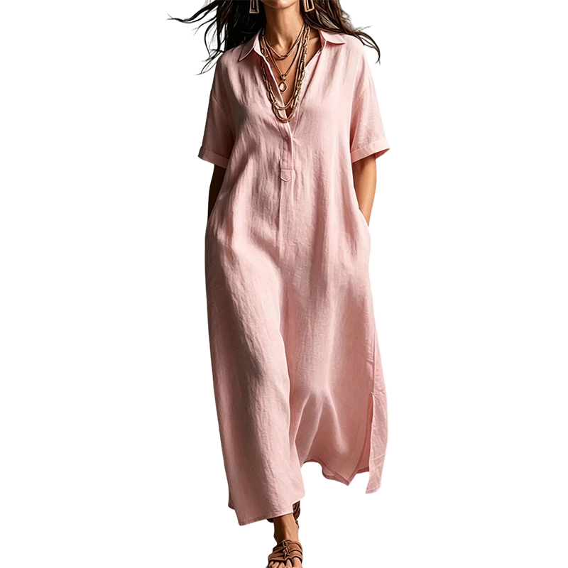 Robe élégante à col et manches courtes en coton et lin pour femme
