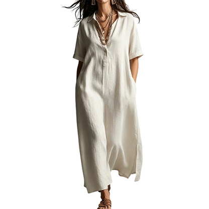 Robe élégante à col et manches courtes en coton et lin pour femme