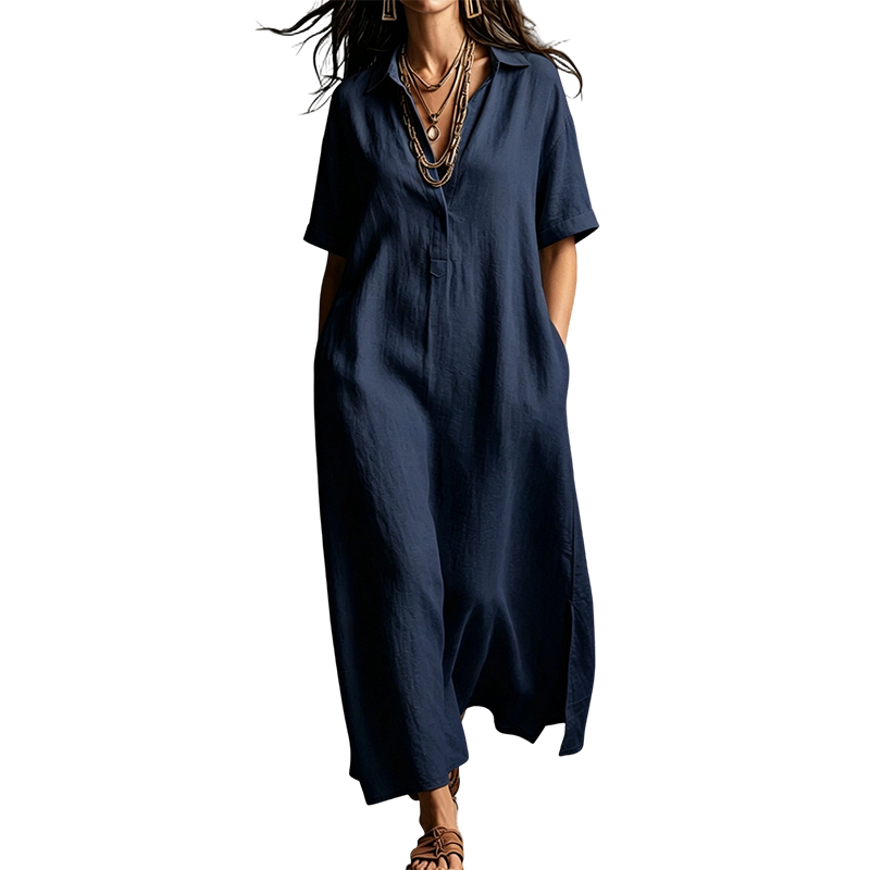 Robe élégante à col et manches courtes en coton et lin pour femme
