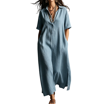 Robe élégante à col et manches courtes en coton et lin pour femme