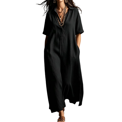Robe élégante à col et manches courtes en coton et lin pour femme