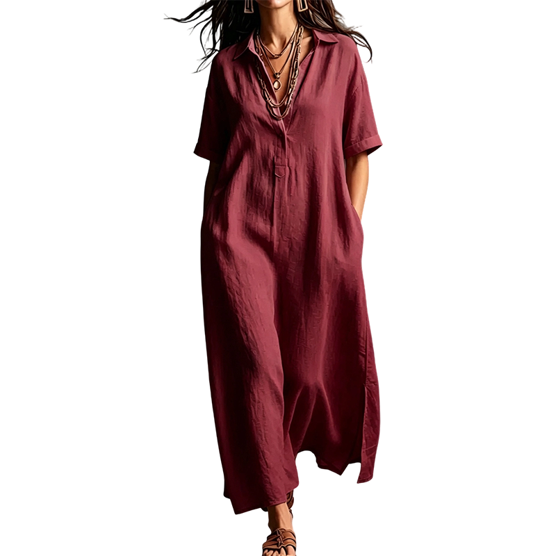 Robe élégante à col et manches courtes en coton et lin pour femme