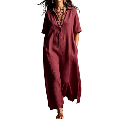 Robe élégante à col et manches courtes en coton et lin pour femme