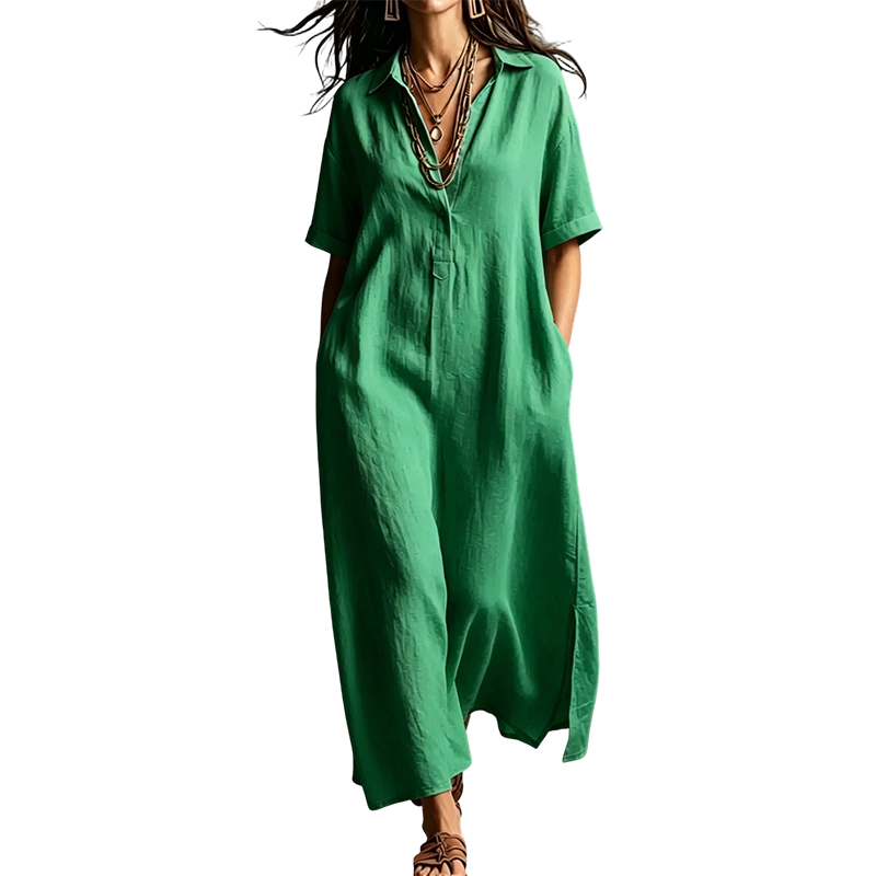 Robe élégante à col et manches courtes en coton et lin pour femme