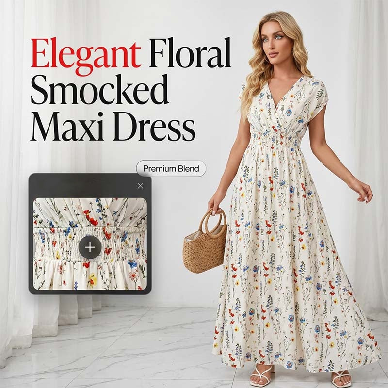 Robe Longue Fleurie à Col V et Taille Smockée pour Femme