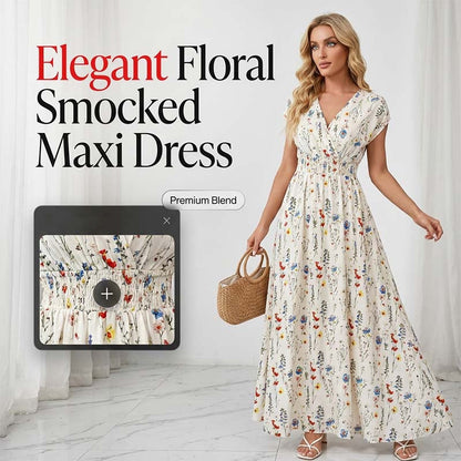 Robe Longue Fleurie à Col V et Taille Smockée pour Femme