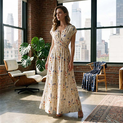 Robe Longue Fleurie à Col V et Taille Smockée pour Femme