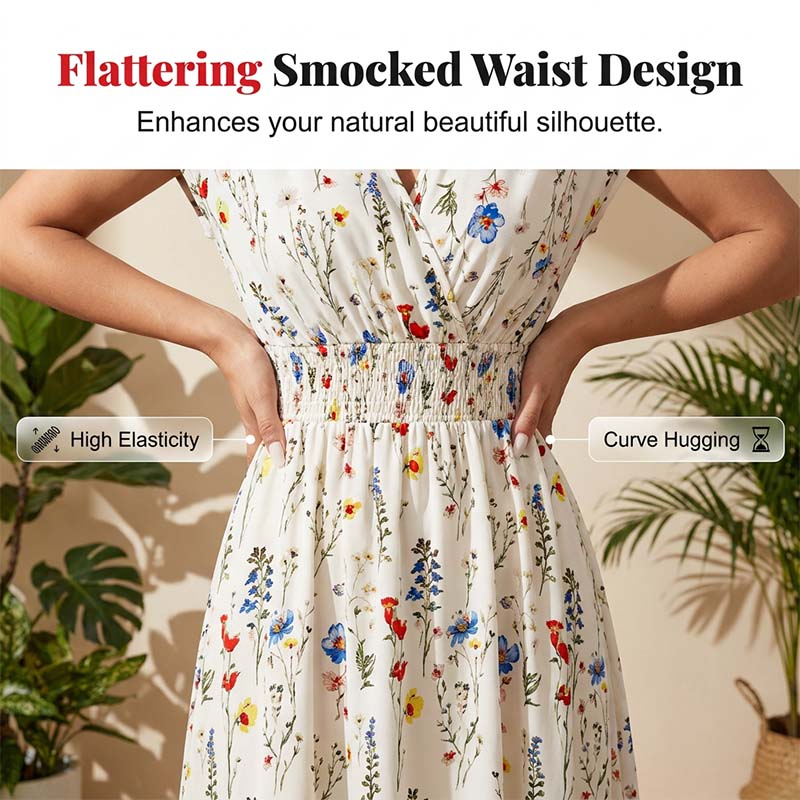 Robe Longue Fleurie à Col V et Taille Smockée pour Femme