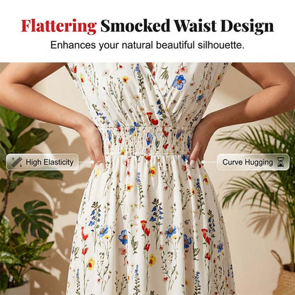 Robe Longue Fleurie à Col V et Taille Smockée pour Femme