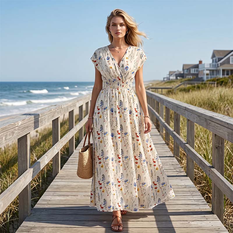 Robe Longue Fleurie à Col V et Taille Smockée pour Femme