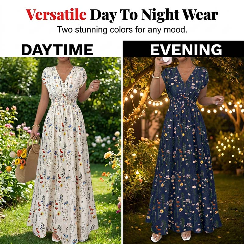 Robe Longue Fleurie à Col V et Taille Smockée pour Femme