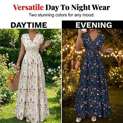 Robe Longue Fleurie à Col V et Taille Smockée pour Femme