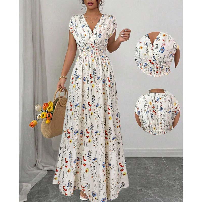 Robe Longue Fleurie à Col V et Taille Smockée pour Femme