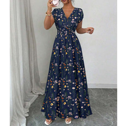 Robe Longue Fleurie à Col V et Taille Smockée pour Femme