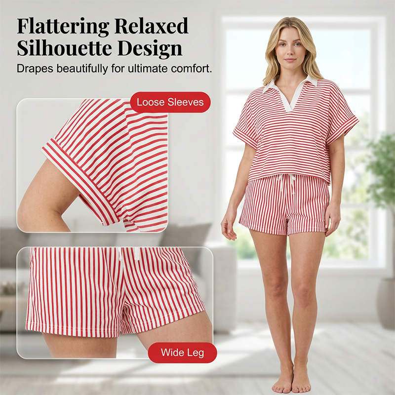 Ensemble chemise à manches courtes et short décontracté à rayures pour femme