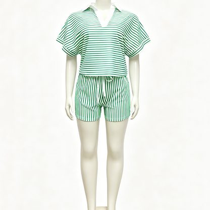 Ensemble chemise à manches courtes et short décontracté à rayures pour femme