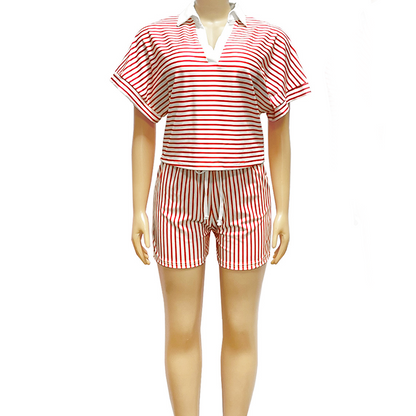 Ensemble chemise à manches courtes et short décontracté à rayures pour femme