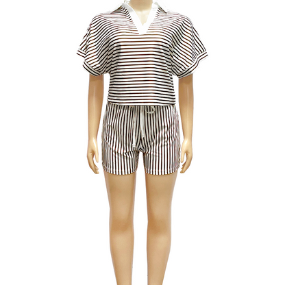 Ensemble chemise à manches courtes et short décontracté à rayures pour femme