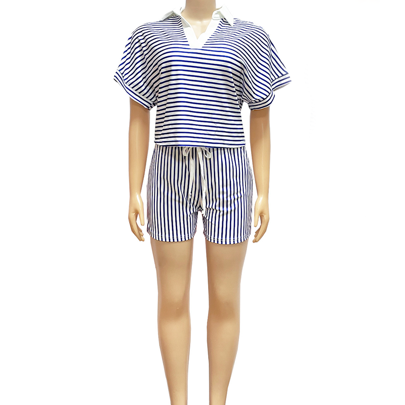 Ensemble chemise à manches courtes et short décontracté à rayures pour femme