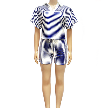 Ensemble chemise à manches courtes et short décontracté à rayures pour femme
