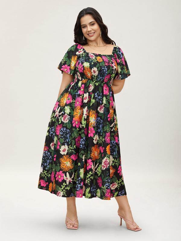 ⏰Soldes d'été : 50 % de réduction💃Robe midi à fleurs, col carré et smocks, avec poches