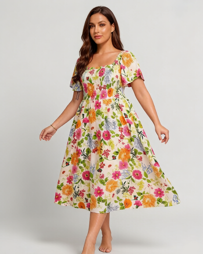 ⏰Soldes d'été : 50 % de réduction💃Robe midi à fleurs, col carré et smocks, avec poches