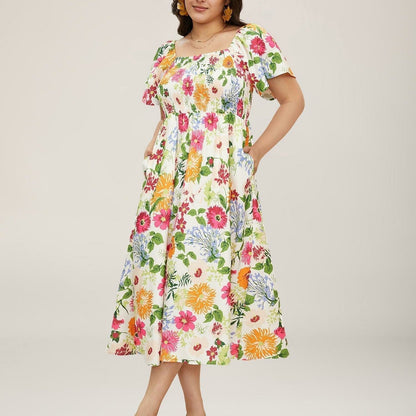 ⏰Soldes d'été : 50 % de réduction💃Robe midi à fleurs, col carré et smocks, avec poches