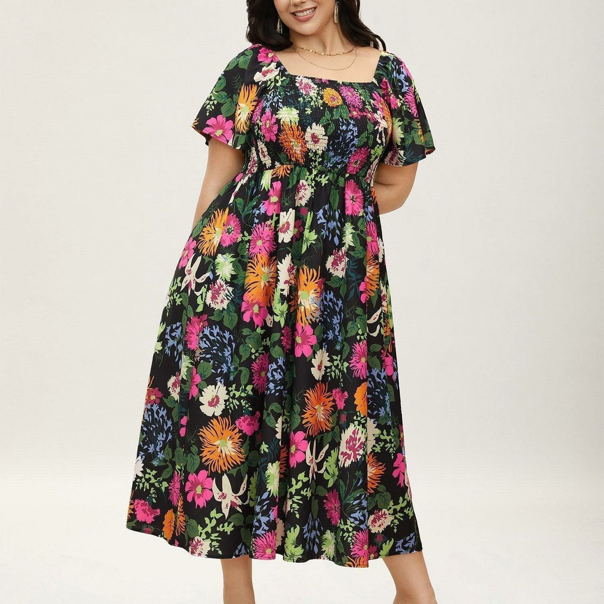 ⏰Soldes d'été : 50 % de réduction💃Robe midi à fleurs, col carré et smocks, avec poches