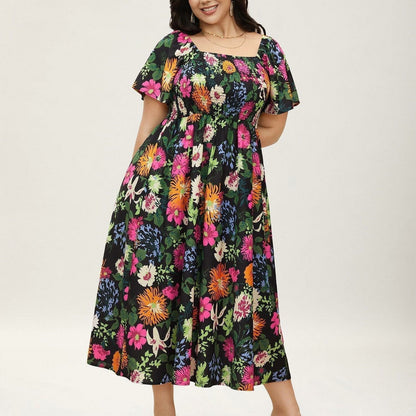 ⏰Soldes d'été : 50 % de réduction💃Robe midi à fleurs, col carré et smocks, avec poches