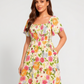 ⏰Soldes d'été : 50 % de réduction💃Robe midi à fleurs, col carré et smocks, avec poches