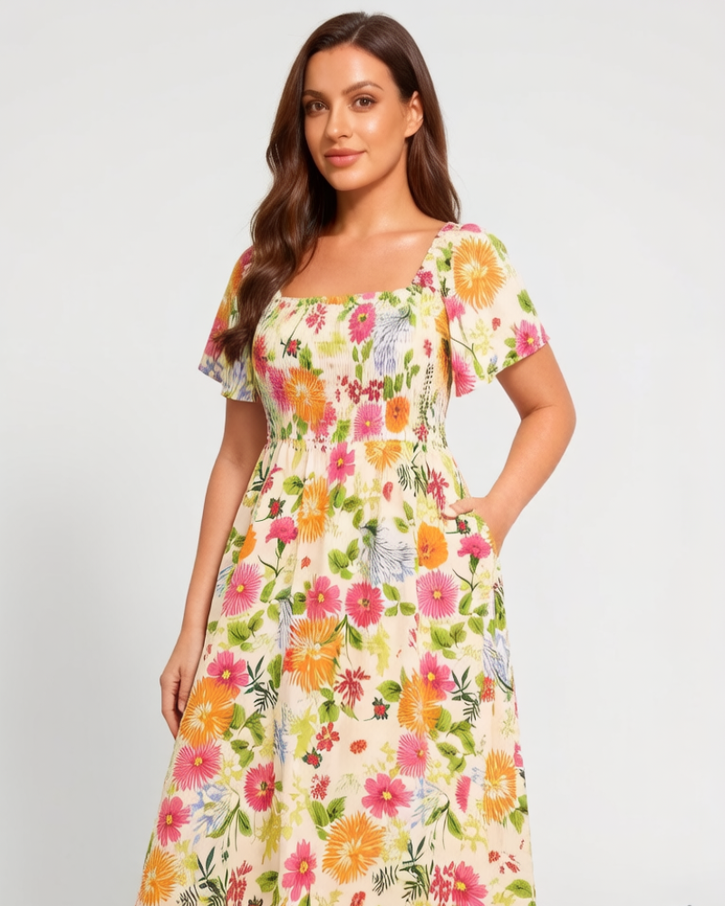 ⏰Soldes d'été : 50 % de réduction💃Robe midi à fleurs, col carré et smocks, avec poches
