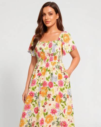 ⏰Soldes d'été : 50 % de réduction💃Robe midi à fleurs, col carré et smocks, avec poches