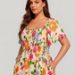 ⏰Soldes d'été : 50 % de réduction💃Robe midi à fleurs, col carré et smocks, avec poches
