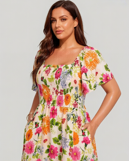 ⏰Soldes d'été : 50 % de réduction💃Robe midi à fleurs, col carré et smocks, avec poches