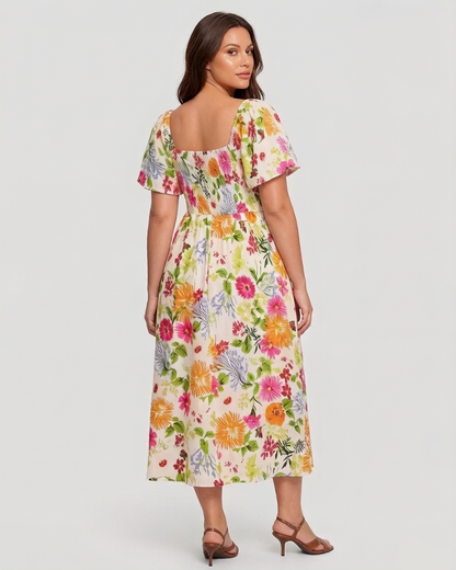 ⏰Soldes d'été : 50 % de réduction💃Robe midi à fleurs, col carré et smocks, avec poches