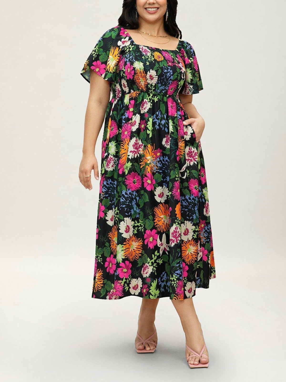 ⏰Soldes d'été : 50 % de réduction💃Robe midi à fleurs, col carré et smocks, avec poches