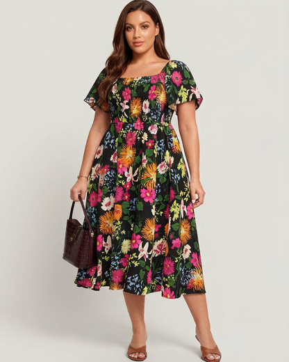 ⏰Soldes d'été : 50 % de réduction💃Robe midi à fleurs, col carré et smocks, avec poches