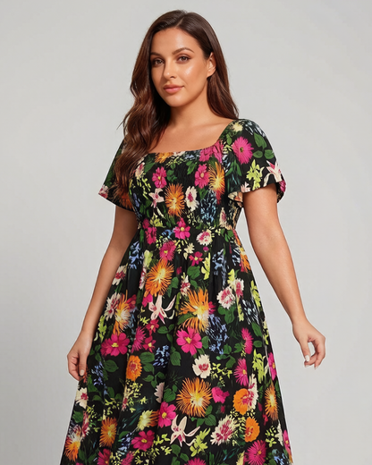 ⏰Soldes d'été : 50 % de réduction💃Robe midi à fleurs, col carré et smocks, avec poches