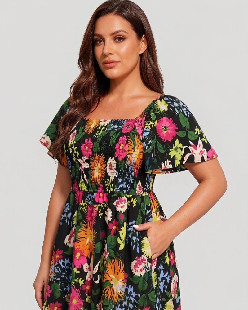 ⏰Soldes d'été : 50 % de réduction💃Robe midi à fleurs, col carré et smocks, avec poches