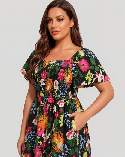 ⏰Soldes d'été : 50 % de réduction💃Robe midi à fleurs, col carré et smocks, avec poches