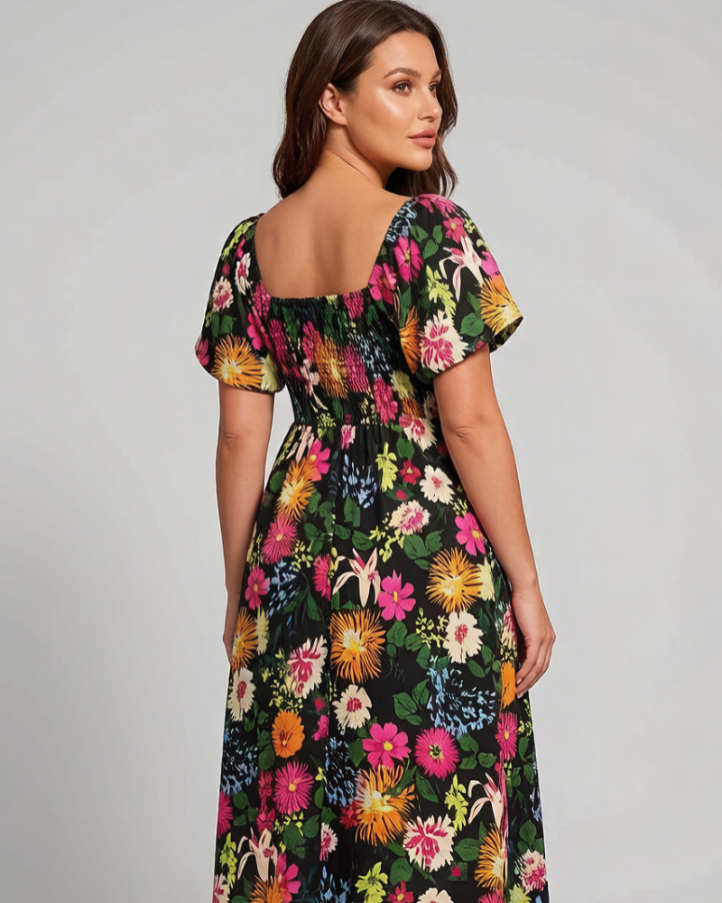 ⏰Soldes d'été : 50 % de réduction💃Robe midi à fleurs, col carré et smocks, avec poches