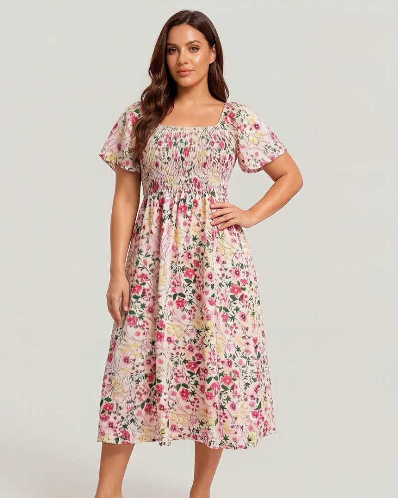 ⏰Soldes d'été : 50 % de réduction💃Robe midi à fleurs, col carré et smocks, avec poches