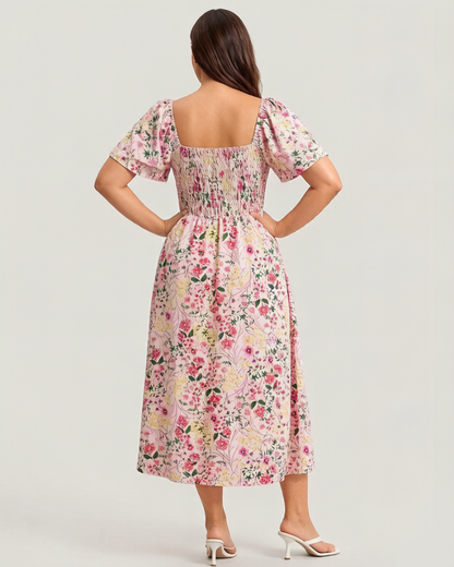 ⏰Soldes d'été : 50 % de réduction💃Robe midi à fleurs, col carré et smocks, avec poches
