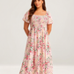 ⏰Soldes d'été : 50 % de réduction💃Robe midi à fleurs, col carré et smocks, avec poches