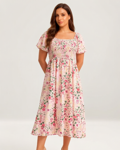 ⏰Soldes d'été : 50 % de réduction💃Robe midi à fleurs, col carré et smocks, avec poches
